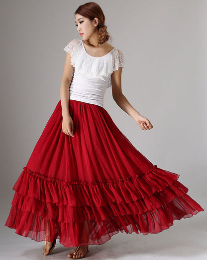 Elegant Handmade Red Chiffon Skirt – Layered Ruffle Maxi for Women | Xiaolizi 0985