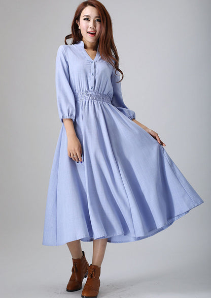 Blue Linen Dress - 3/4 Sleeve Elastic Waist Casual Maxi 796