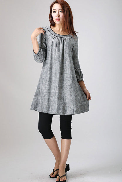 Grey Linen Cotton Tunic Dress – Women’s Loose Fit Long Sleeve Casual Dress 0783