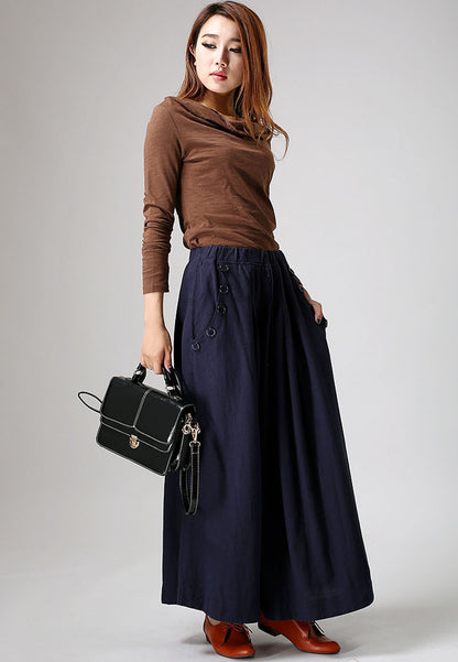 Handmade Blue Linen Maxi Skirt – Elastic Waist Long Skirt with Pockets | Xiaolizi 900