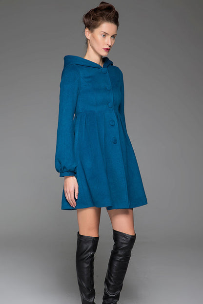 Handmade Wool Swing Coat – Blue Hooded Fit & Flare Winter Jacket | Xiaolizi 1419