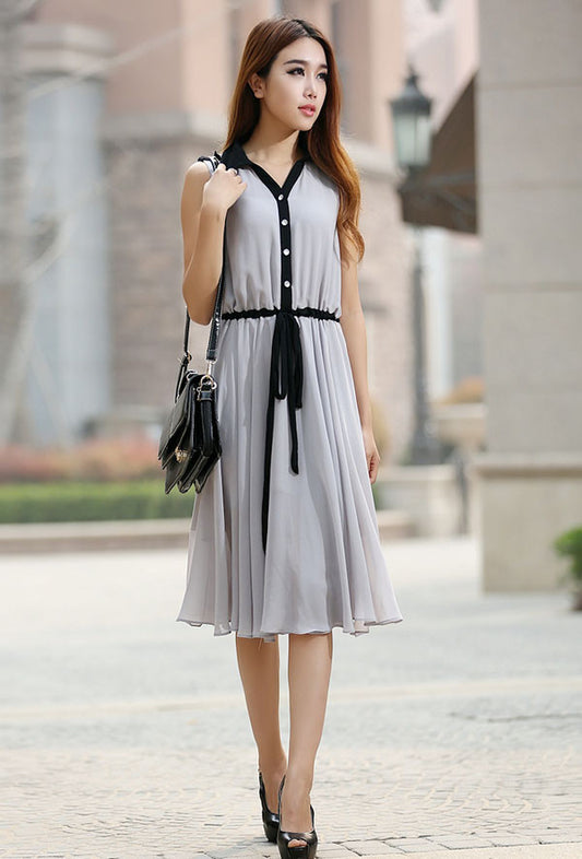 Gray dress woman chiffon dress custom made midi dress with black detail 0917#