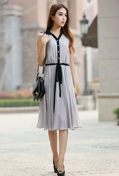 Gray Chiffon Midi Dress - Adjustable Waist and Button Front 917