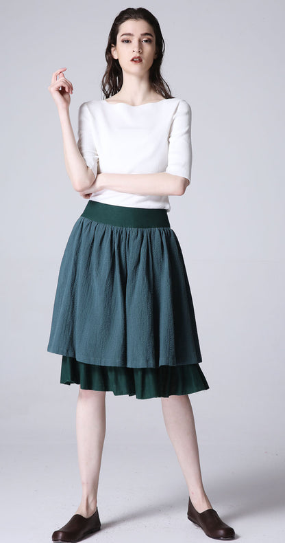 Green Linen Midi Skirt - Flared Silhouette with Layered Hem 1189