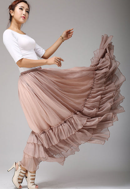 Handmade Pink Chiffon Long Skirt – Romantic Layered Summer Maxi for Women  0663