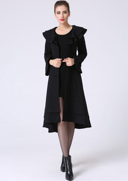 Black Wool Dress Coat – Elegant Ruffle Detail Belted Winter Coat 1062