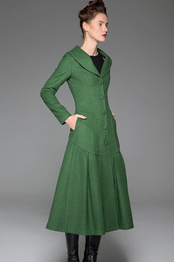 Green Winter Coat - Vintage Style Long Single-Breasted Elegant Feminine Designer Women's Wool Blend Swing Coat with Dropped Waist 1413#