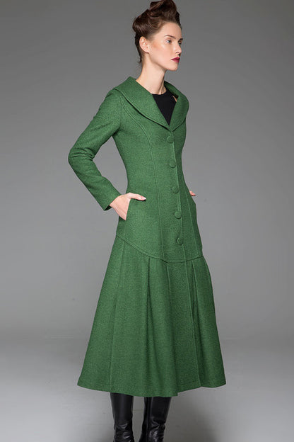 Green Wool Coat – Vintage Single-Breasted Long Winter Overcoat for Women 1413