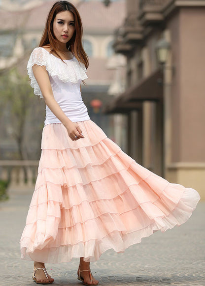 Pink Chiffon Tulle Maxi Skirt - 7-Layer Flowy | Xiaolizi 937