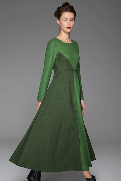 Green Wool Maxi Dress - Dark Green Stitching, Long Sleeves 1443