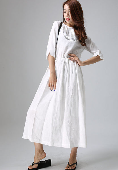 White Linen Cotton Maxi Dress - Pleated Front with Adjustable Waist 803