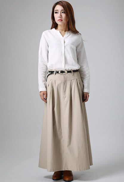 Khaki Linen Cotton Blend Maxi Skirt - Pleated Waist with Flap Pocket Detail 903