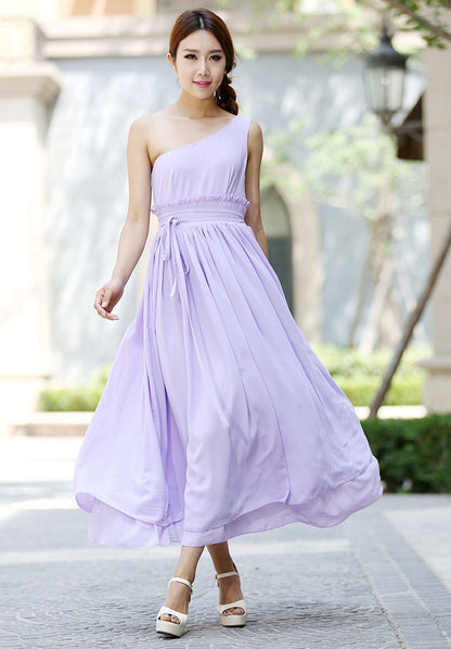 Lavender Chiffon Maxi Dress - One-Shoulder, Gathered Waist 1031