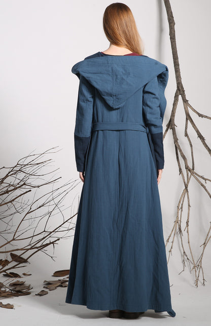 Blue Linen Cotton Trench Coat - Hooded Ankle-Length | Xiaolizi 1139
