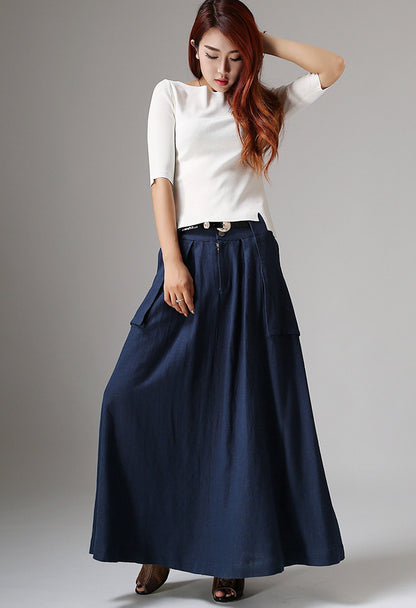 Blue Linen Cotton Maxi Skirt - Flowy Silhouette with Big Pockets 1036