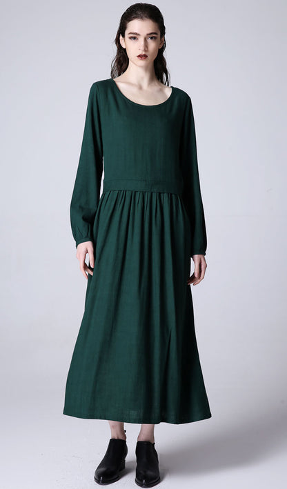 Green Linen Maxi Dress - Long Sleeve, Round Neck 1173