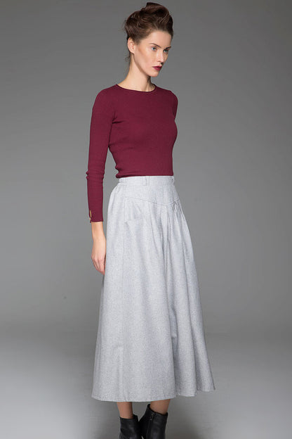 Gray Wool Maxi Skirt - Pleated High Waist with Side Pockets 1441