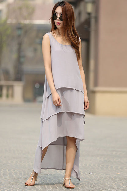 Handmade Gray Chiffon Layered Dress – High Low Hem Summer Maxi | Xiaolizi 932