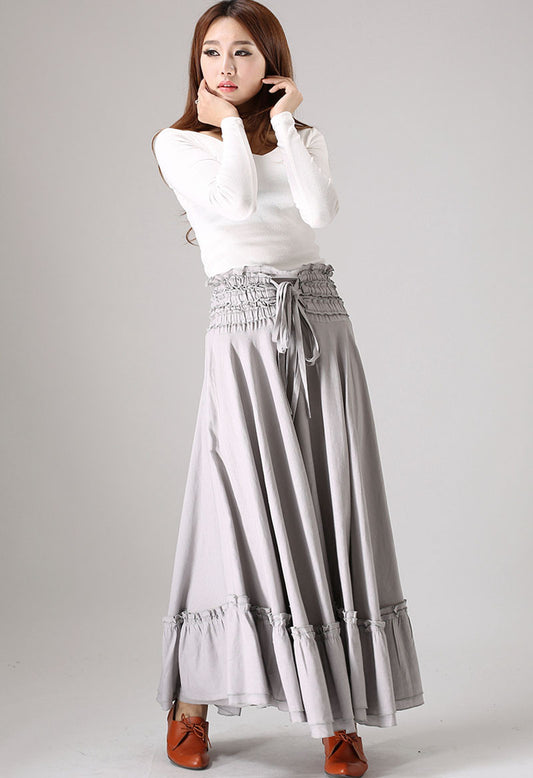 gray skirt ruffle detail Maxi skirt woman linenskirt 0849#