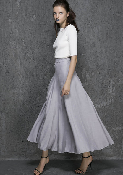 Light Grey Linen Cotton Maxi Skirt - Flowy Ankle Length 1333