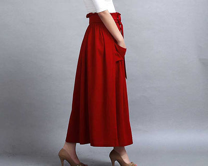 Red Linen Maxi Skirt - Elastic Waist with Draped Pockets 288