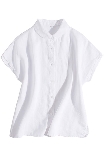 Beige Linen Shirt Top - Loose Fit Short Sleeve Button-Up 3654