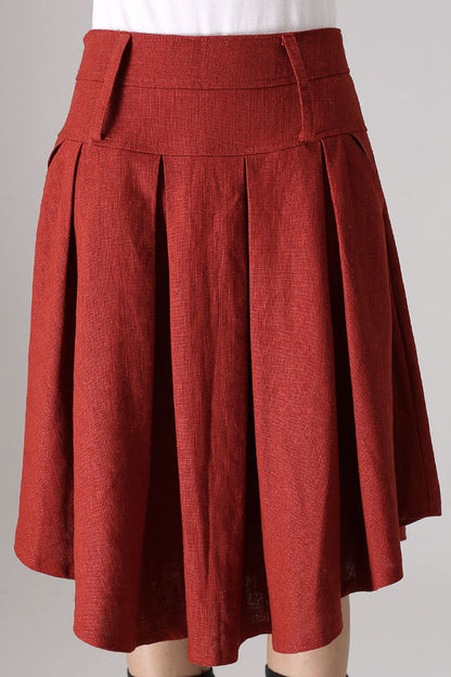 Red Linen Cotton Pleated Skirt with Irregular Hem and Pockets | Xiaolizi 0852