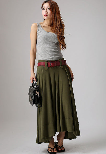 Army Green Linen Maxi Skirt - Wide Flared Silhouette with Pockets 0885