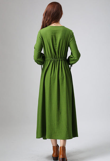 Handmade Green Linen Dress – Adjustable Waist Midi for Spring Summer | Xiaolizi 806