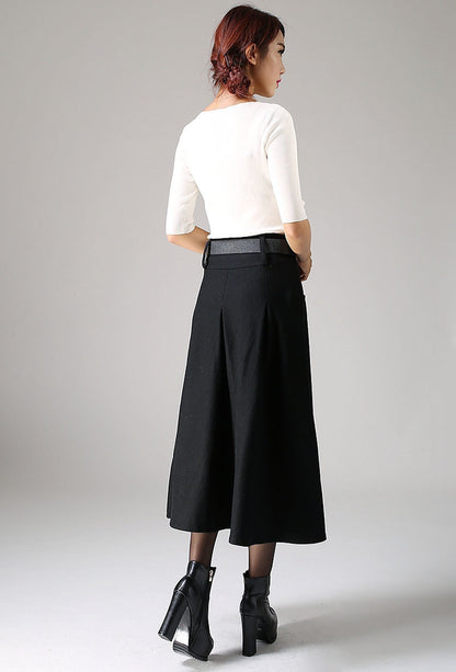 Black Wool Midi Skirt - High-Waisted A-Line Culotte with Belt 1084