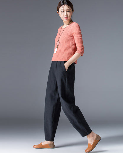 Navy Linen Cotton Ankle Pants - Elastic Waist Relaxed Fit 2504