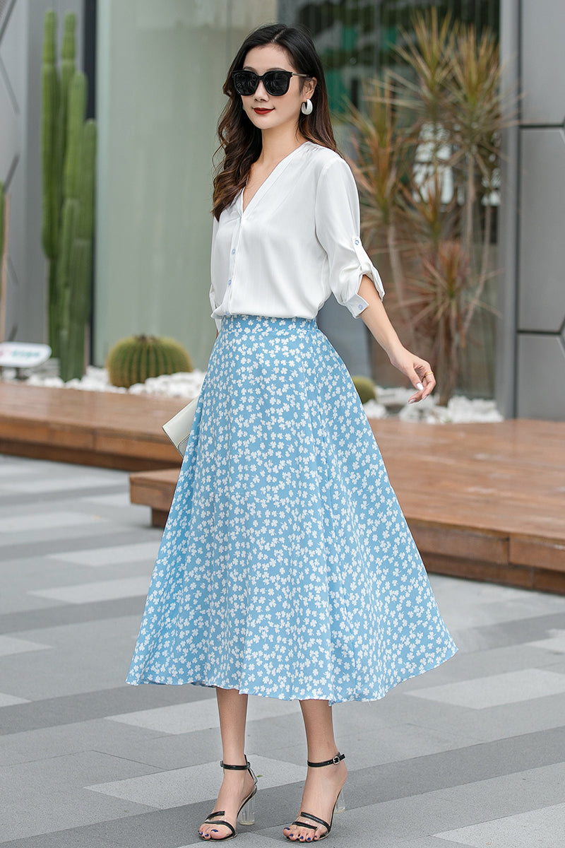 Floral A Line High Waist Midi Pleated Handmade Skirt 3534