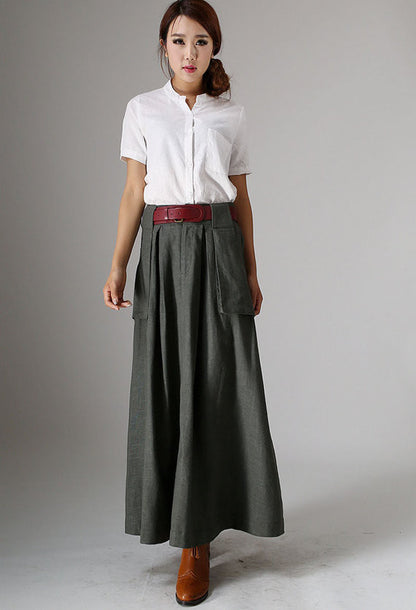 Olive Green Linen Cotton Maxi Skirt – Vintage High Waist Skirt with Large Pockets 0987
