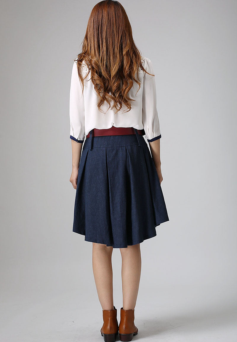 Blue skirt woman linen skirt midi skirt customa made pleated skirt 0906#