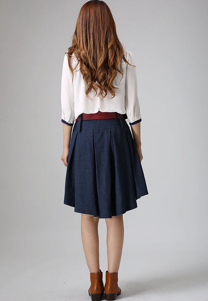 Blue Linen Cotton Pleated Skirt with Irregular Hem and Pockets | Xiaolizi 906