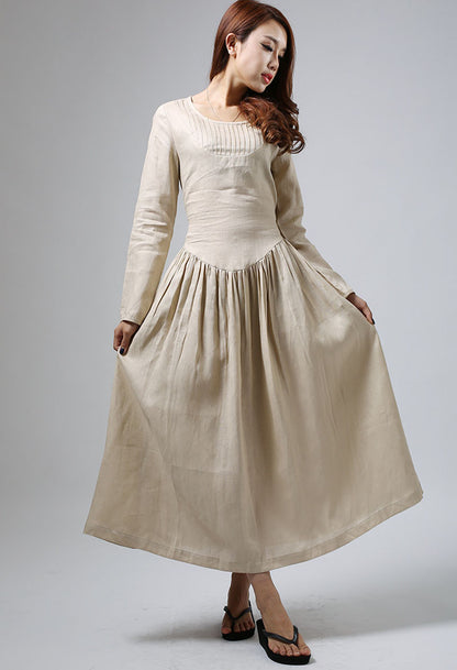 Beige Cotton Linen Maxi Dress - Pleated Front with Adjustable Waist 801