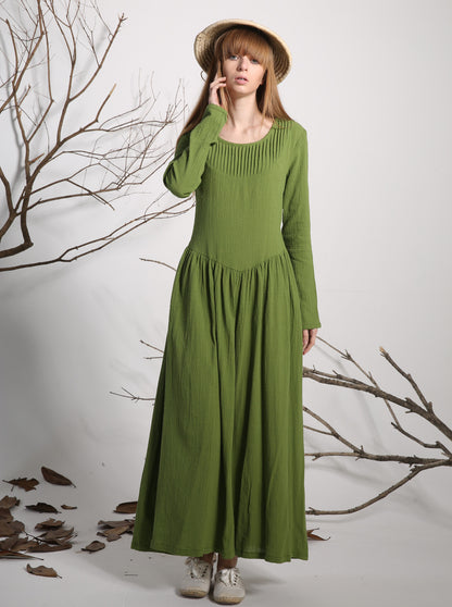 Green Linen Maxi Dress - Loose Fit with Pleated Front 1136