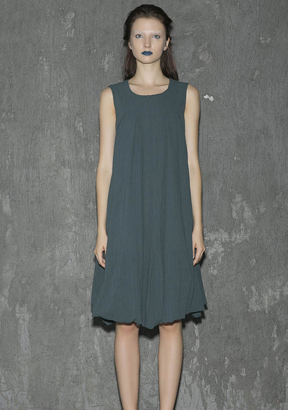 Green Linen Maxi Dress - Sleeveless, Round Neck 1314