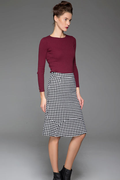 Black and White Wool Fishtail Skirt - Knee Length, Slim Fit 1439