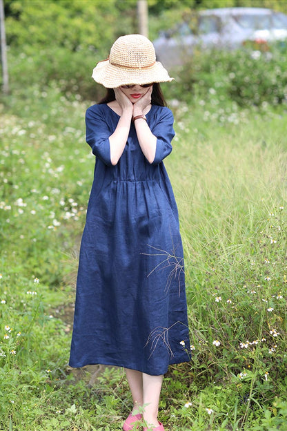 Navy Linen Midi Dress - Loose Waist with Mid Sleeves CYM371