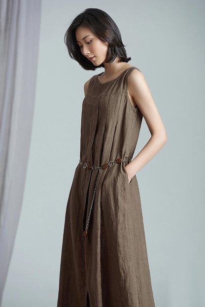 Brown Linen Mid Calf Dress - Loose Fit Sleeveless Commuter Waist CY06