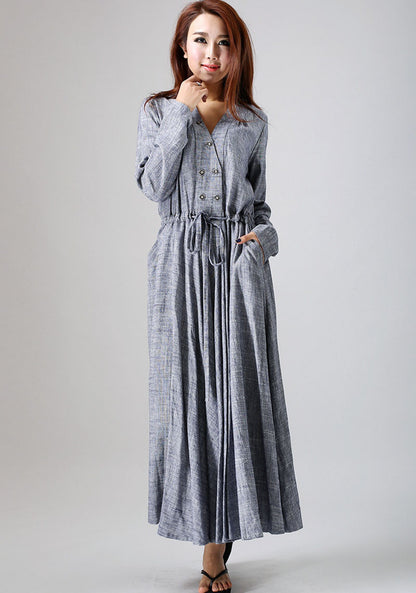 Gray Linen Maxi Dress - Long Sleeve, Adjustable Waist 791