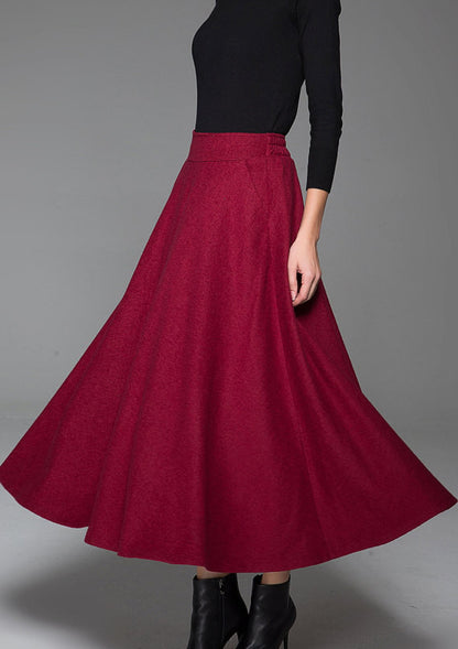 Wine Red Wool Midi Skirt - Flared, Warm Winter Essential 1435