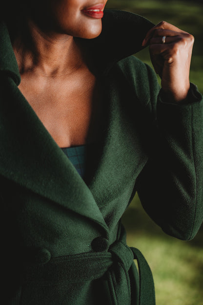 Handmade Green Wool Coat – Long Double-Breasted Winter Overcoat with Belt | Xiaolizi 3912