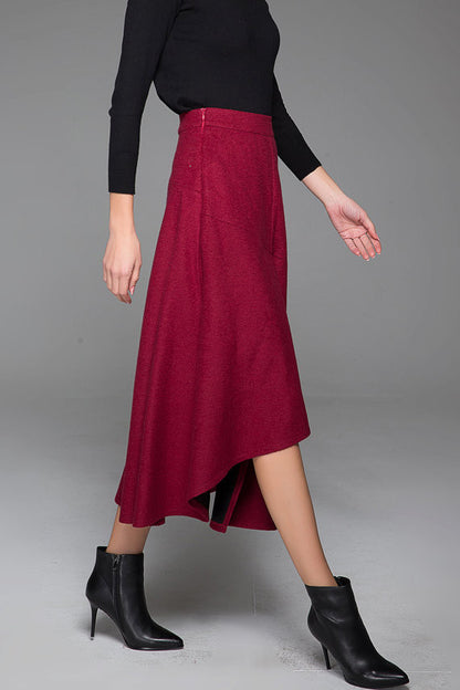 Wine Red Wool Maxi Skirt - Asymmetrical Hem, Side Pockets 1432