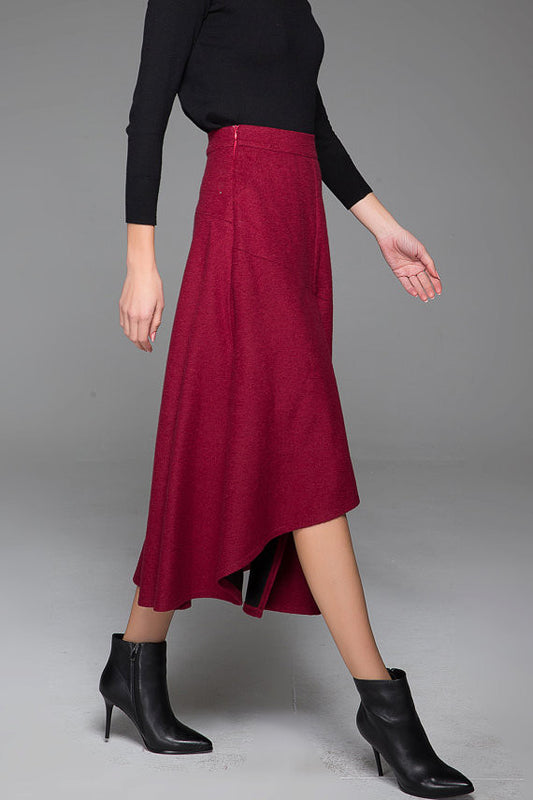 Red Wine Women's Maxi Skirt Asymmetrical Hem Skirt 1432