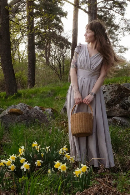 Beige Linen-Cotton Maxi Dress - Empire Waist, Petal Sleeve 3719
