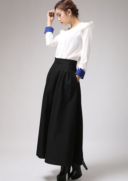 Black Wool Blend Maxi Skirt – Handmade High Waist Pleated Winter Elegance 0722