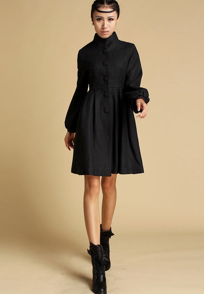 Black Wool Blend Fit-and-Flare Coat - Midi A-Line | Xiaolizi 354
