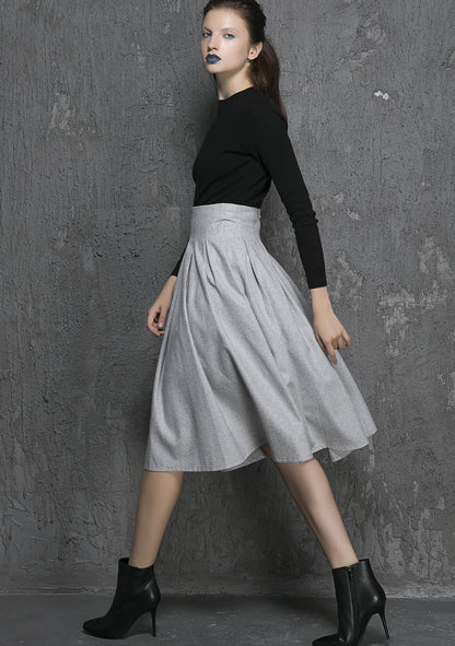 Light Grey Wool Pleated Midi Skirt - High Waisted Elegance 1340